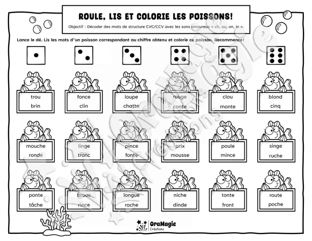 Roule, lis et colorie les poissons - Décodage mots de structure CVC-CCV AVEC sons amoureux ch, ou, ,on, in - Langage écrit, 1re année.pdf
