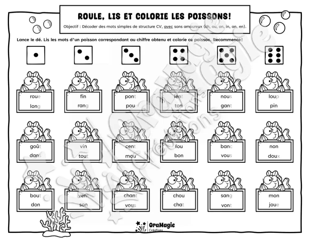 Roule, lis et colorie les poissons - Décodage mots simples de structure CV, avec sons amoureux ch, ou, on, in, an, en - Langage écrit, 1re année.pdf