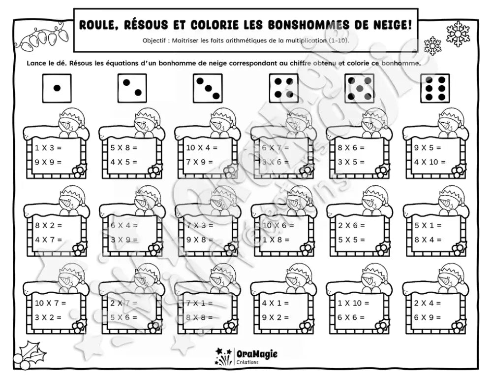 Roule, résous et colorie les bonshommes de neige - Multiplications 1 à 10 - Noël, 3e à 6e année.pdf
