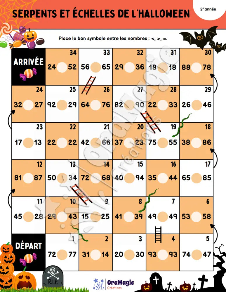 Serpents et échelles Halloween - Comparaison nombres 10-99 - 2e année - Produit numérique