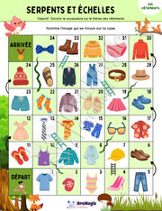 Serpents et échelles - Thème des vêtements- Préscolaire vocabulaire - Produit numérique
