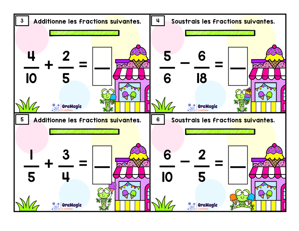 Cartes à tâches - Les fractions glacées - Additions et soustractions de fractions