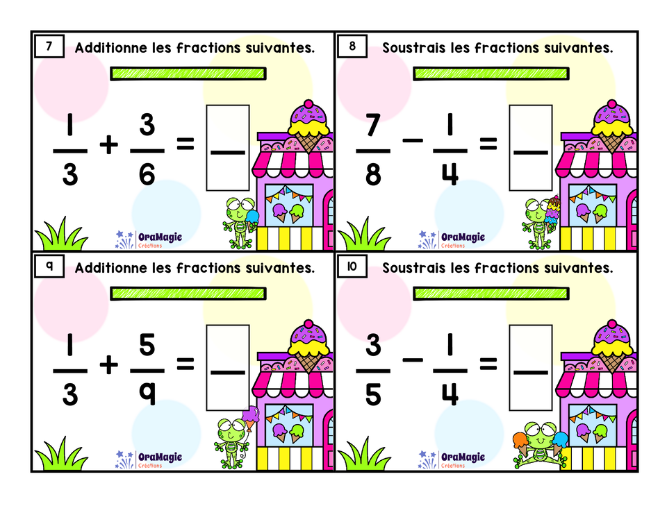 Cartes à tâches - Les fractions glacées - Additions et soustractions de fractions