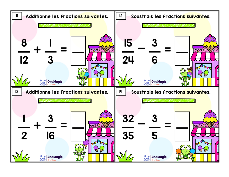 Cartes à tâches - Les fractions glacées - Additions et soustractions de fractions