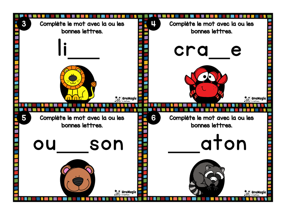 Cartes à tâches - Lettres disparues - Niveau 1 - Graphèmes simples et digraphes