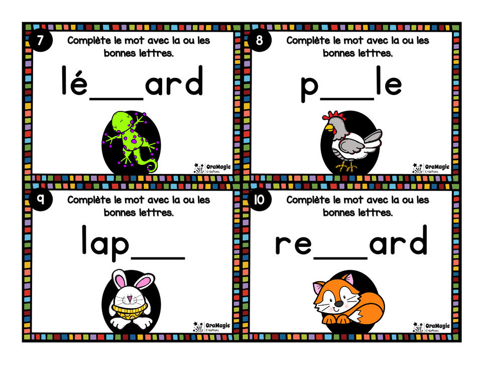 Cartes à tâches - Lettres disparues - Niveau 1 - Graphèmes simples et digraphes