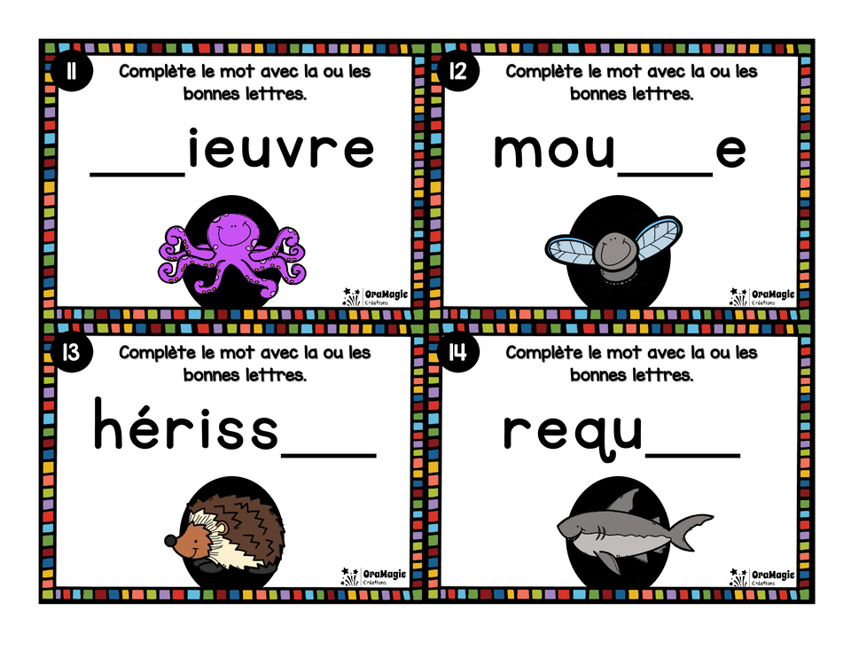 Cartes à tâches - Lettres disparues - Niveau 1 - Graphèmes simples et digraphes
