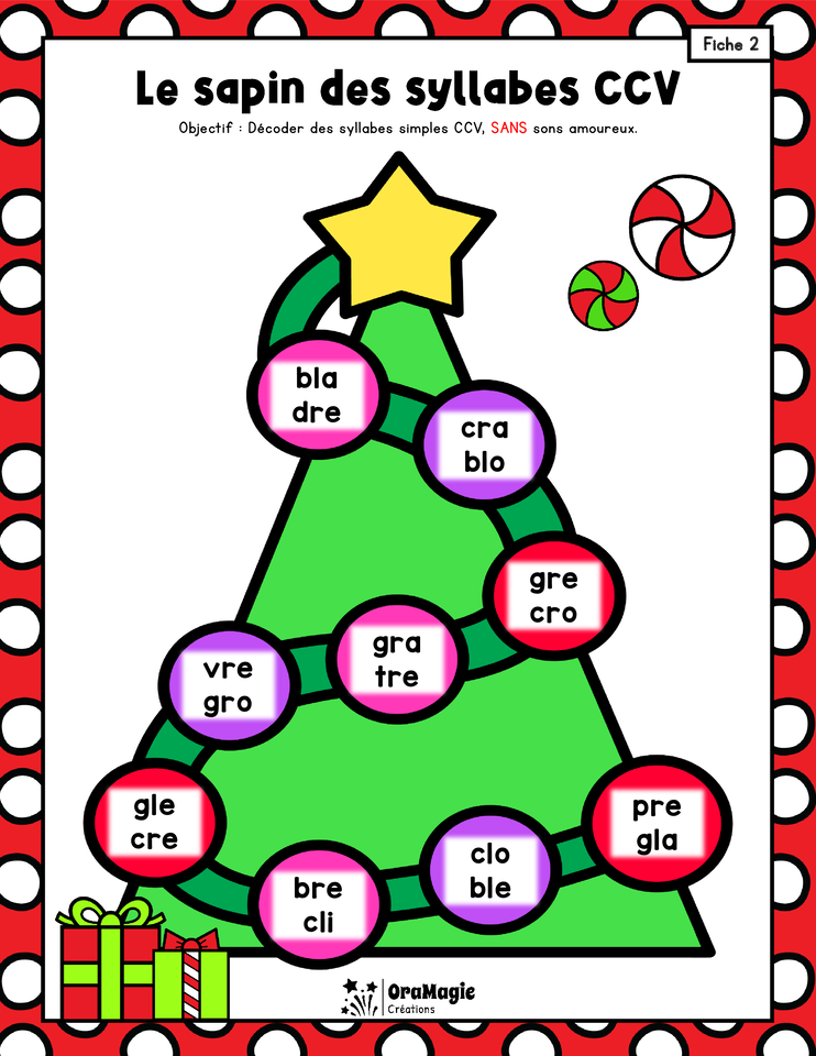 Le sapin des syllabes et des vrais mots CVC-CCV sans et avec sons amoureux