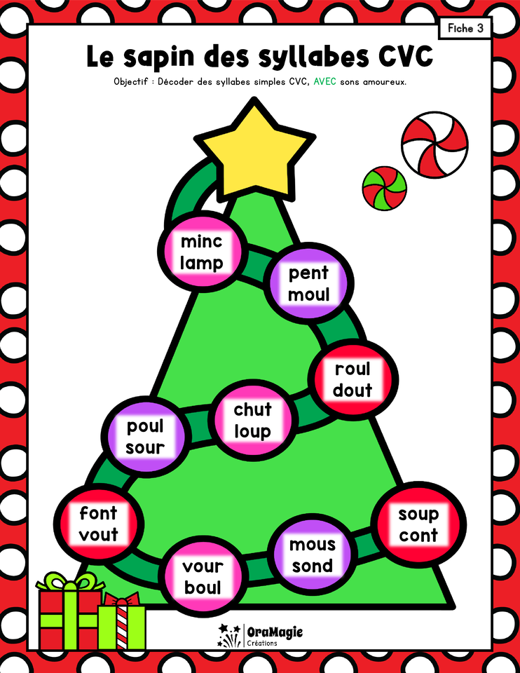 Le sapin des syllabes et des vrais mots CVC-CCV sans et avec sons amoureux