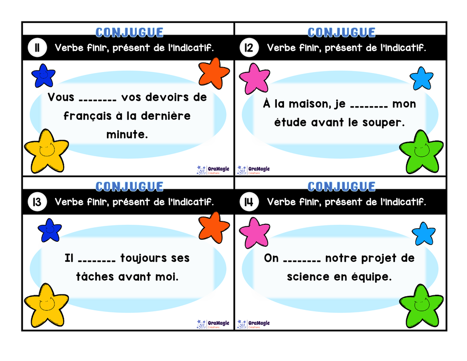 Cartes à tâches - Mon verbe en cartes - Verbe FINIR présent de l