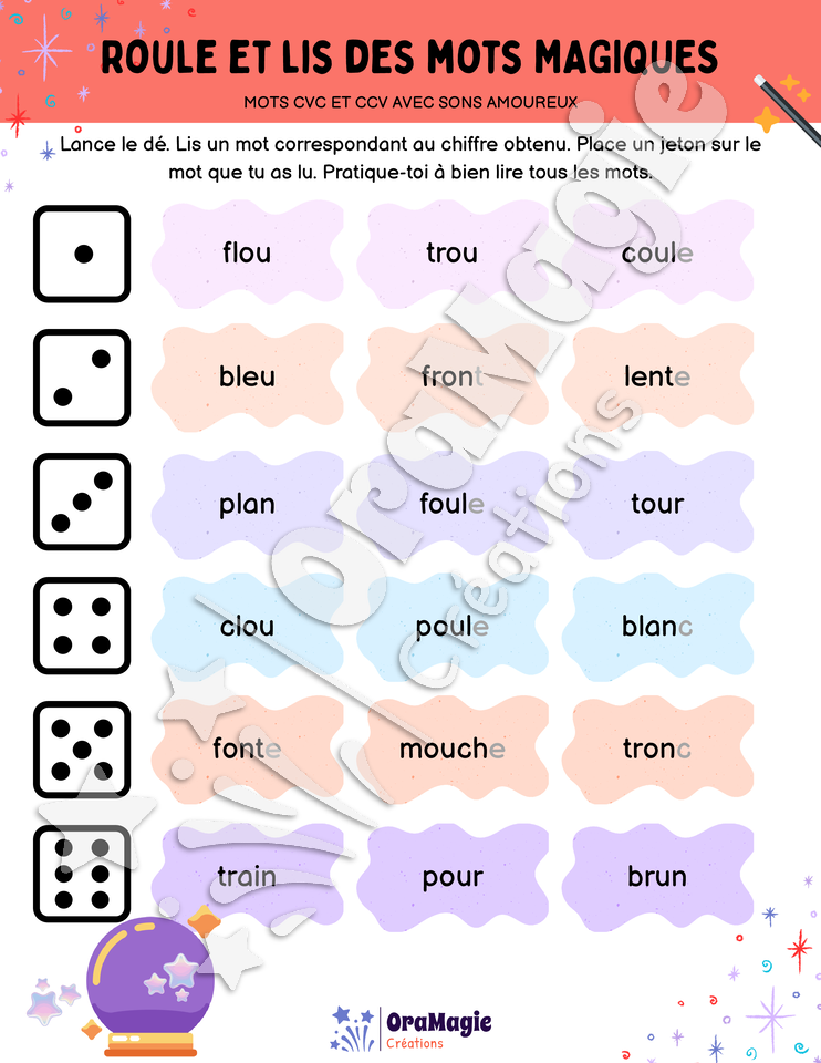 Roule et lis des mots magiques - CVC-CCV avec sons amoureux