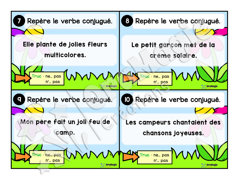 Cartes à tâches - La sortie des verbes - Repérer le verbe conjugué dans une phrase