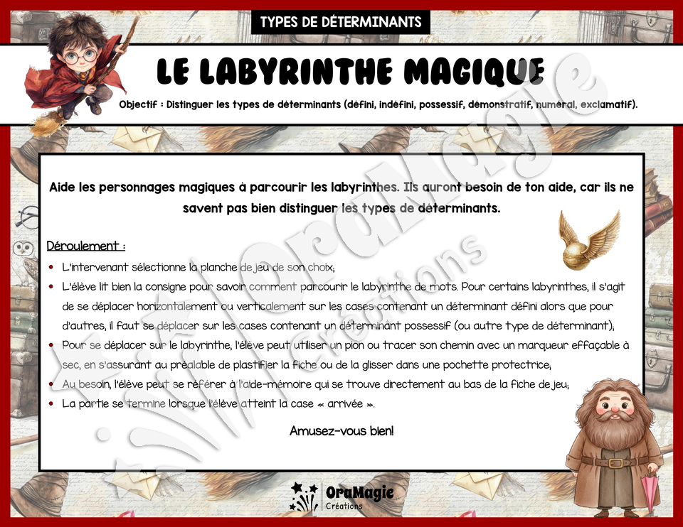 Le labyrinthe magique Harry Potter - Types de déterminants