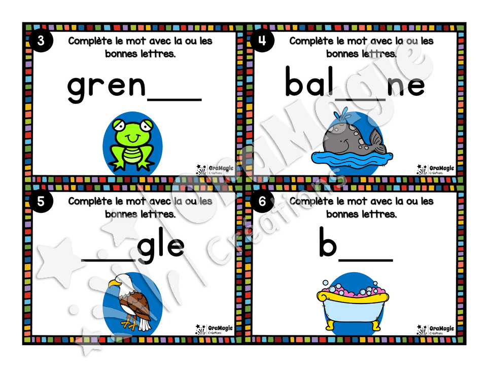 Cartes à tâches - Lettres disparues - Niveau 2 - Graphèmes complexes 