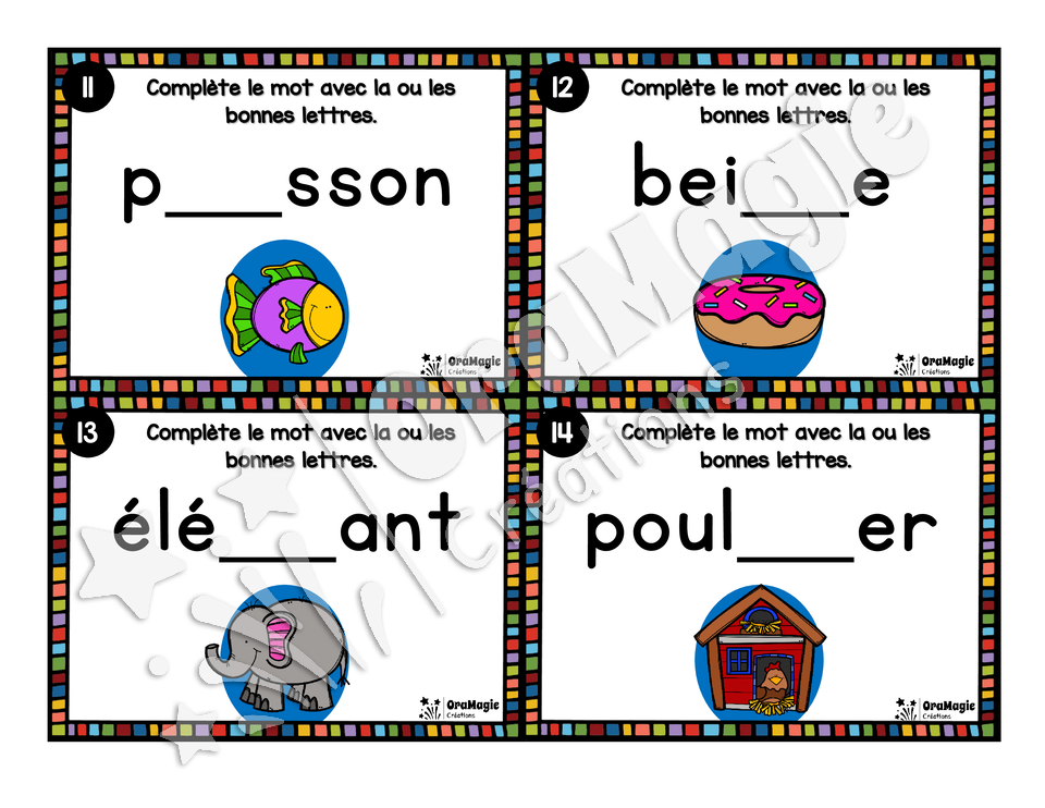 Cartes à tâches - Lettres disparues - Niveau 2 - Graphèmes complexes 