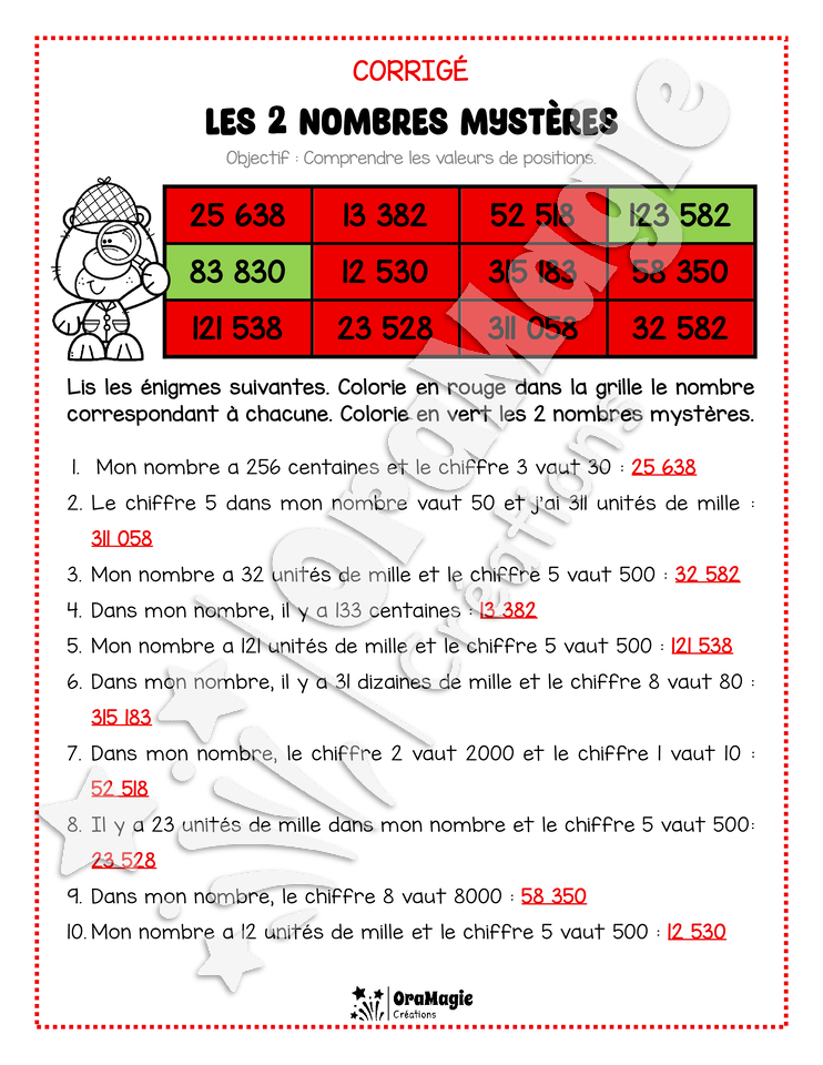 Les 2 nombres mystères - Le détective - Valeurs de positions - 5e et 6e années