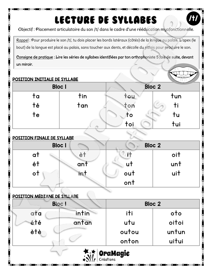 Lecture de syllabes - Placement son -t-