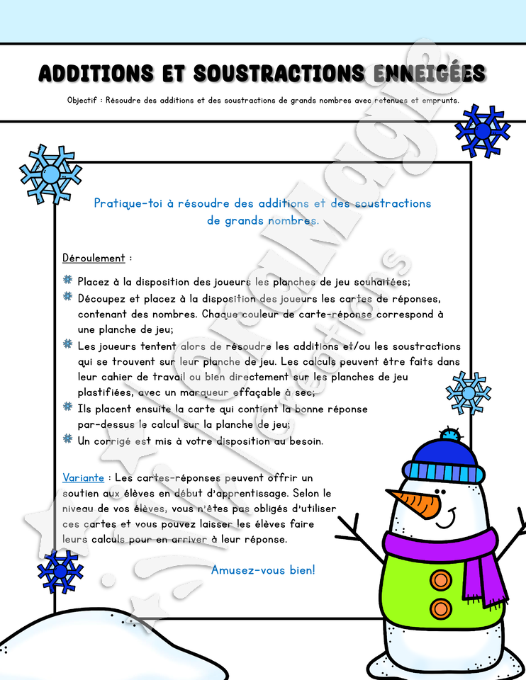 Additions et soustractions enneigées - Additions et soustractions de grands nombres - 3e année
