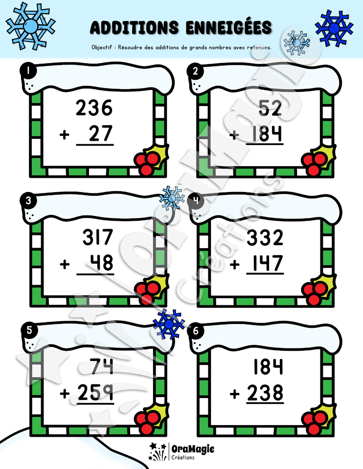 Additions et soustractions enneigées - Additions et soustractions de grands nombres - 3e année