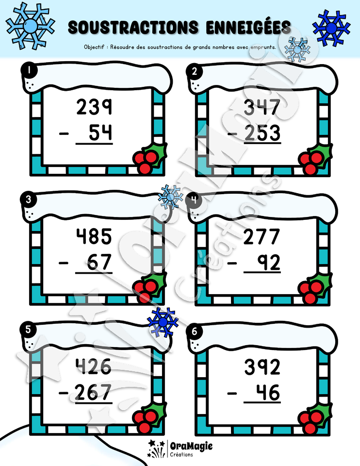 Additions et soustractions enneigées - Additions et soustractions de grands nombres - 3e année