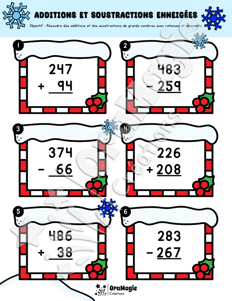 Additions et soustractions enneigées - Additions et soustractions de grands nombres - 3e année
