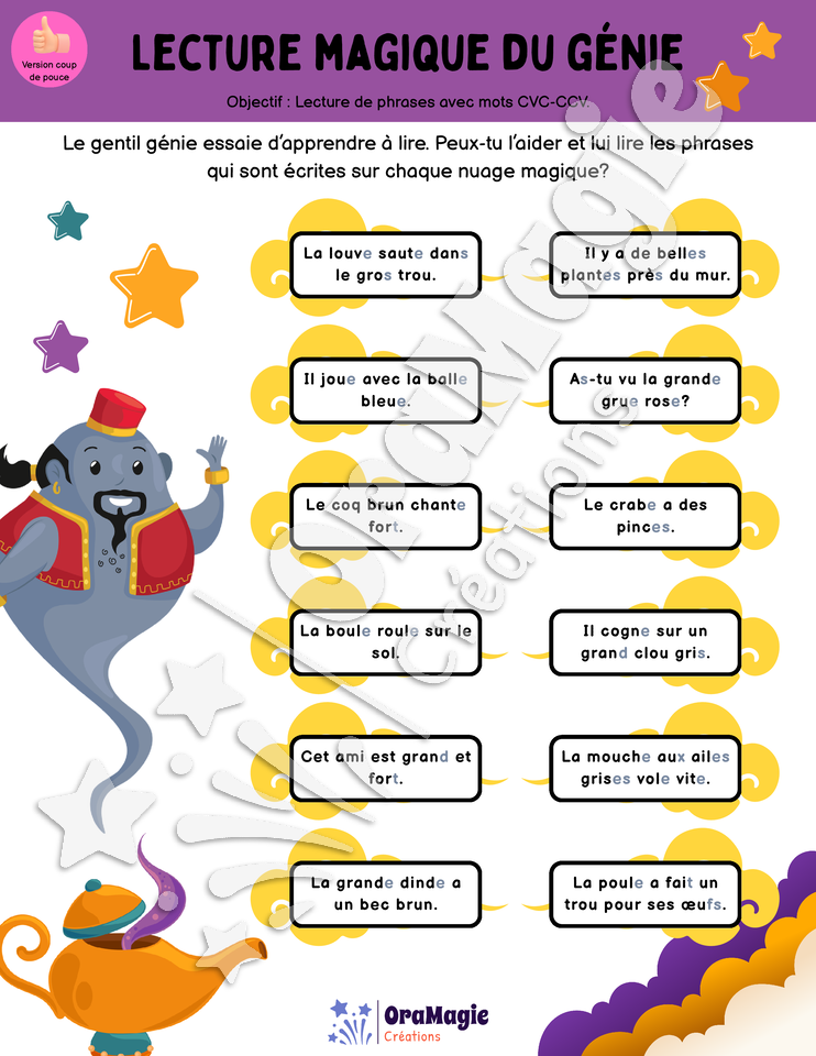 Lecture magique du génie - Phrases avec mots CVC-CCV