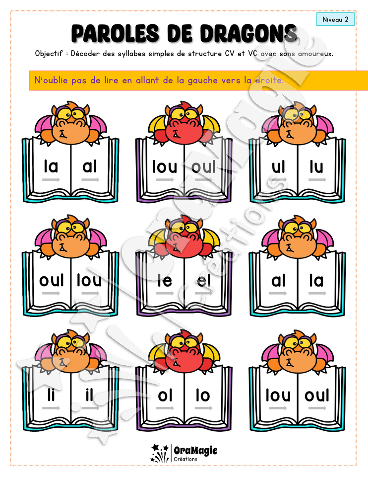 Paroles de dragons - Décodage de syllabes CV et VC avec le graphèmes -l,ou- 