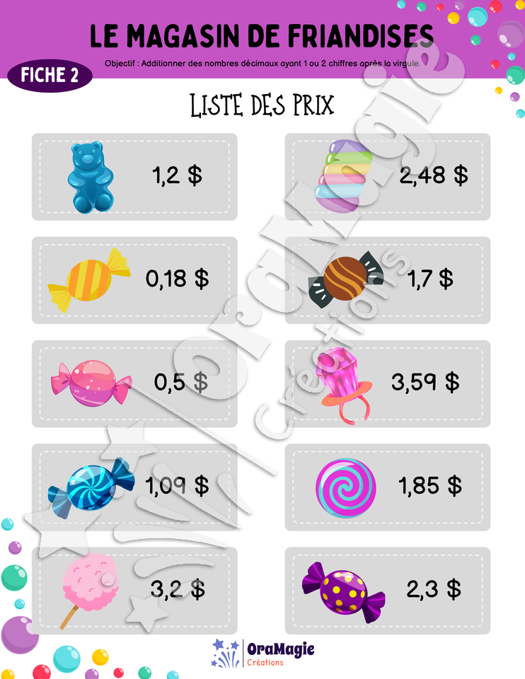 Le magasin de friandises - Addition de nombres décimaux - 3e et 4e années
