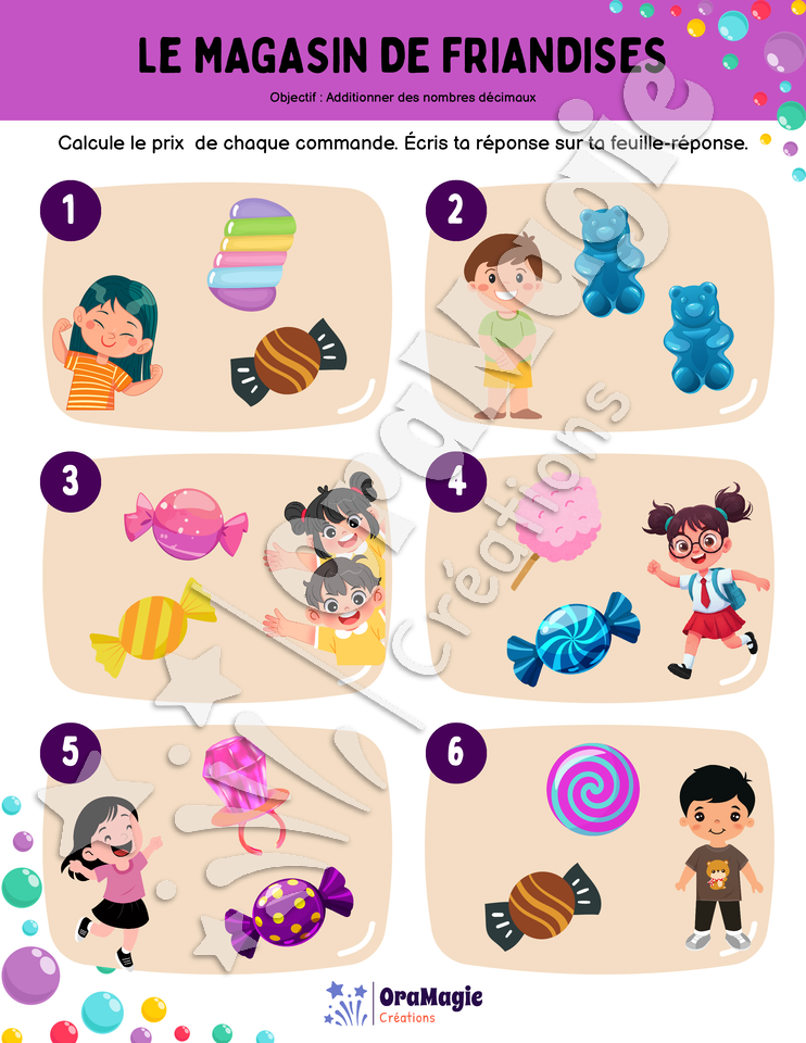 Le magasin de friandises - Addition de nombres décimaux - 3e et 4e années