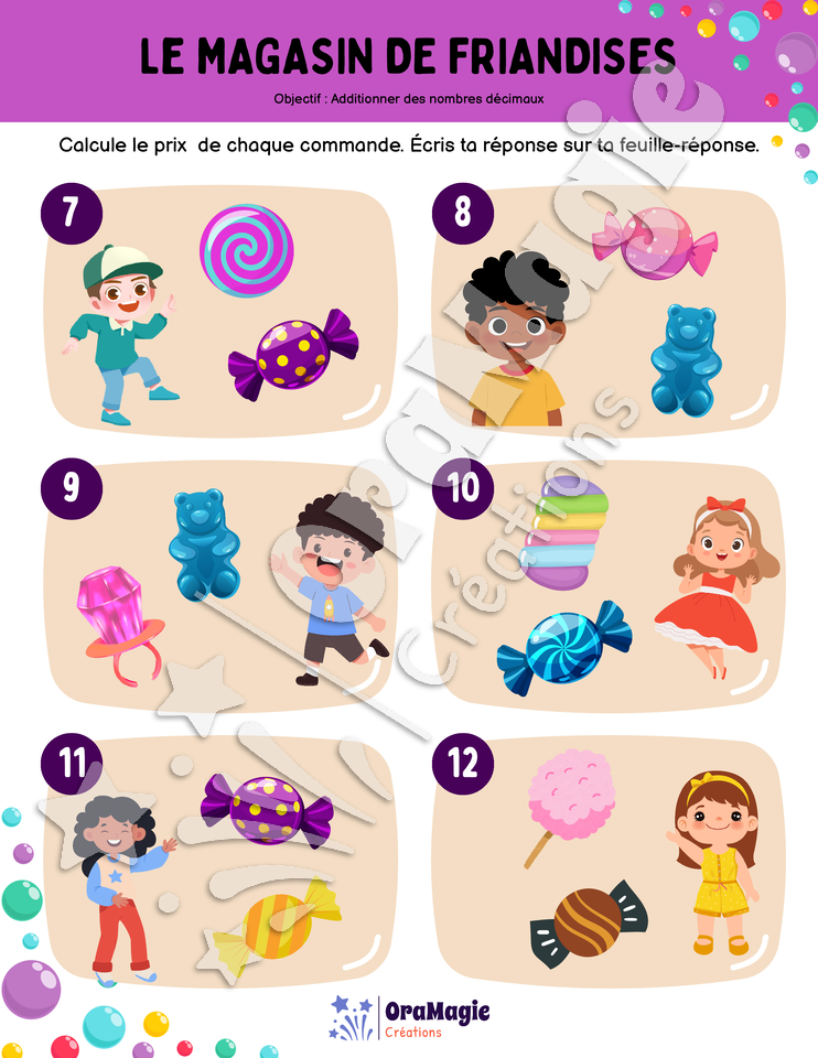 Le magasin de friandises - Addition de nombres décimaux - 3e et 4e années