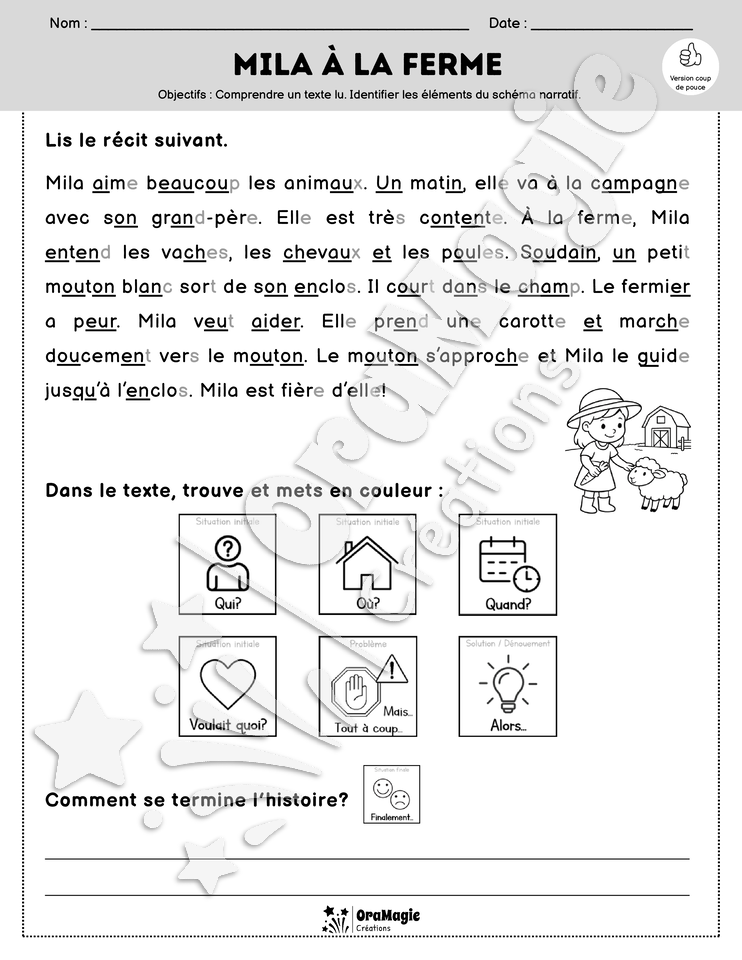 Compréhension de lecture et du récit - Mila à la ferme - 1re année