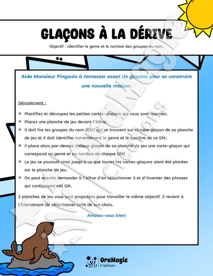 Glaçons à la dérive - Genre et nombre des GN