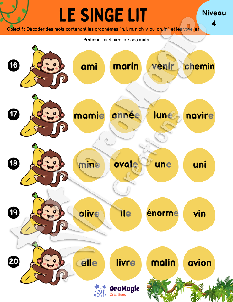 Le singe lit - Décodage syllabes et mots