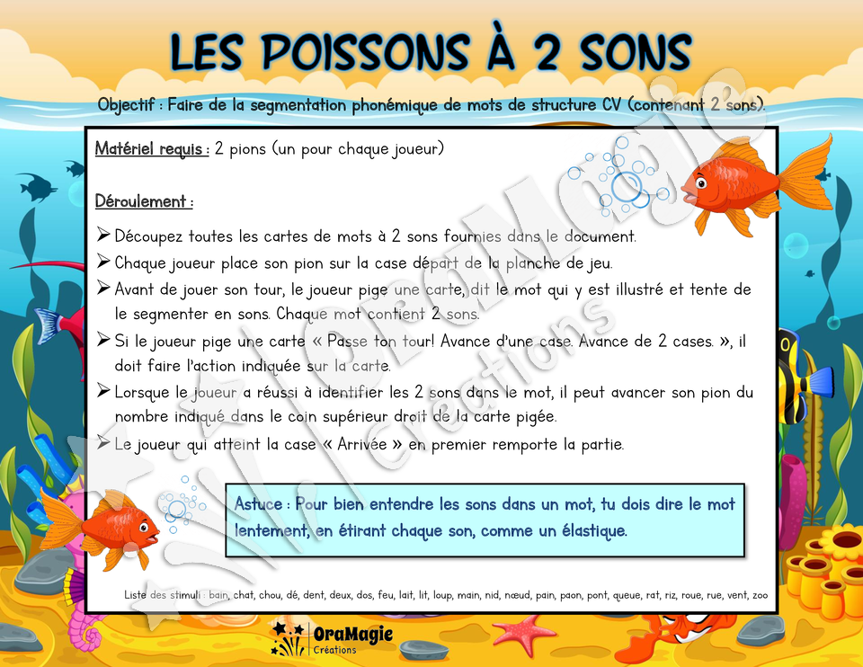 Les poissons à 2 sons - Segmentation phonémique mots CV 