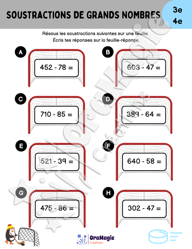Soustractions de grands nombres - Hockey