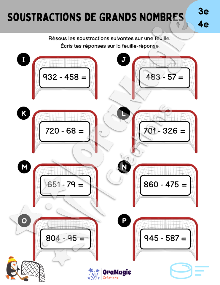 Soustractions de grands nombres - Hockey