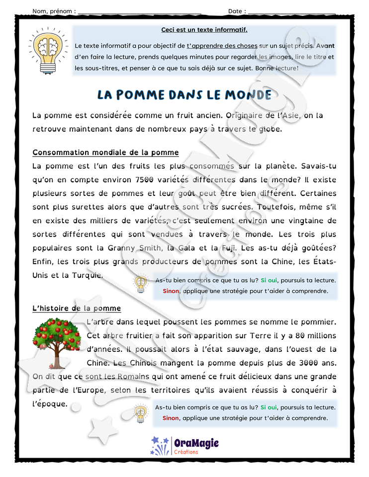 Compréhension de texte - La pomme dans le monde