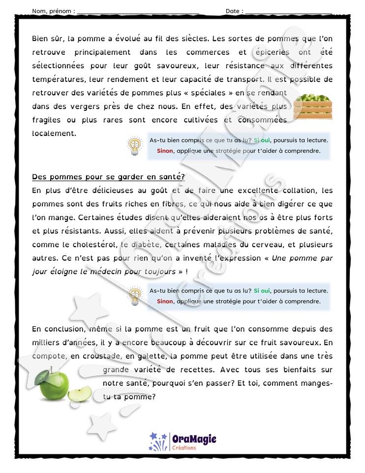 Compréhension de texte - La pomme dans le monde