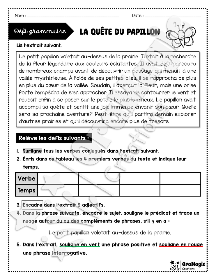 Défi grammaire - La quête du papillon