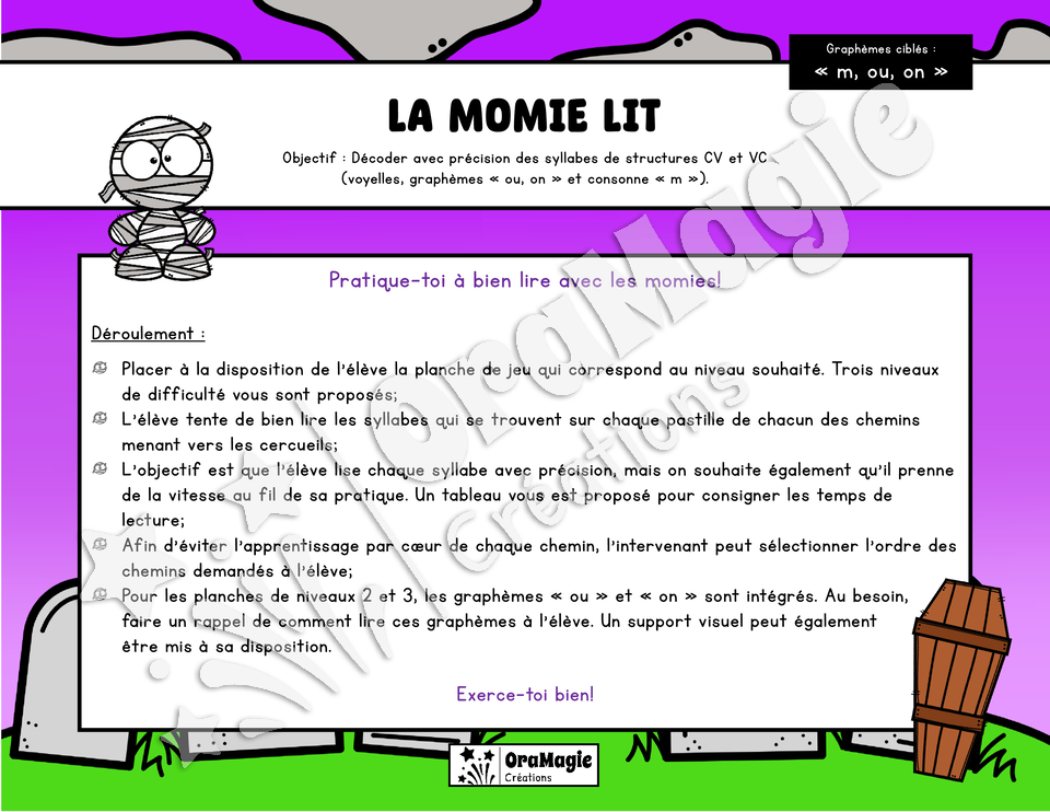 La momie lit - Décodage syllabes simples CV et VC