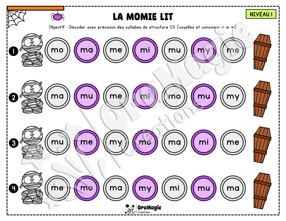 La momie lit - Décodage syllabes simples CV et VC