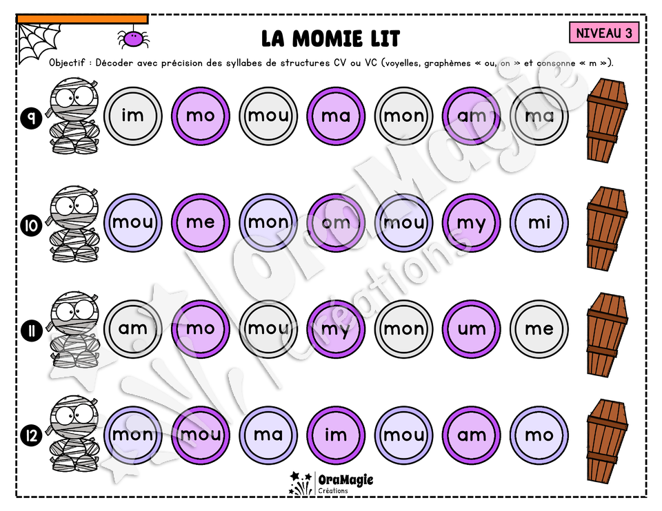 La momie lit - Décodage syllabes simples CV et VC