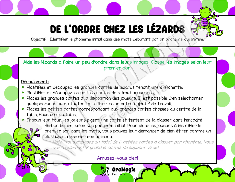 De l'ordre chez les lézards - Identification du phonème initial - Phonème initial qui s'étire