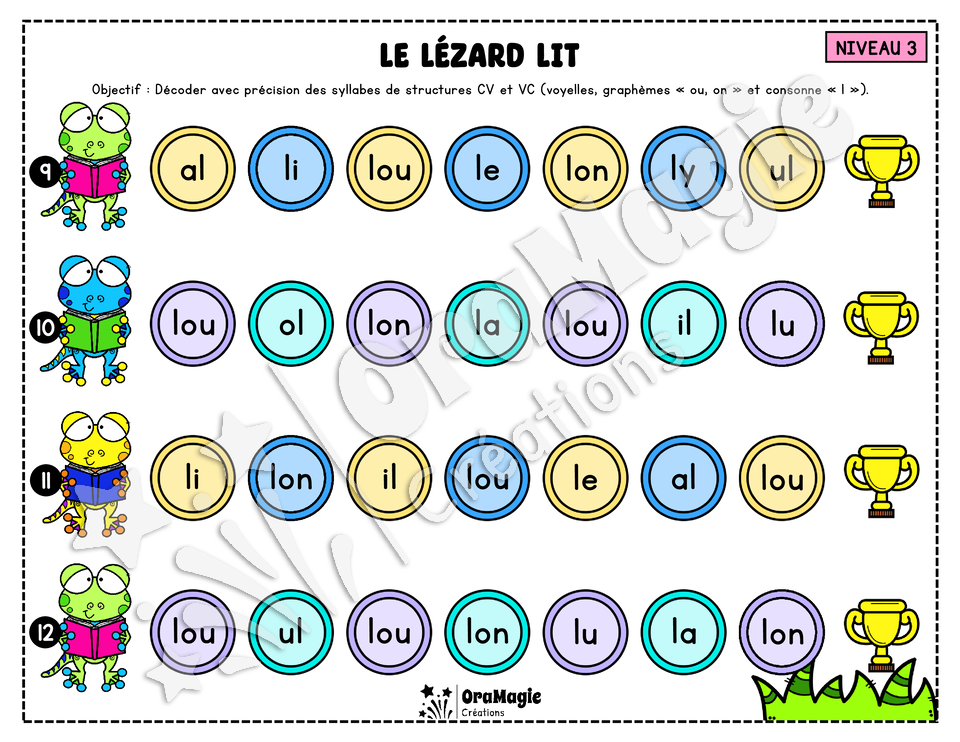 Le lézard lit - Décodage syllabes simples CV et VC 