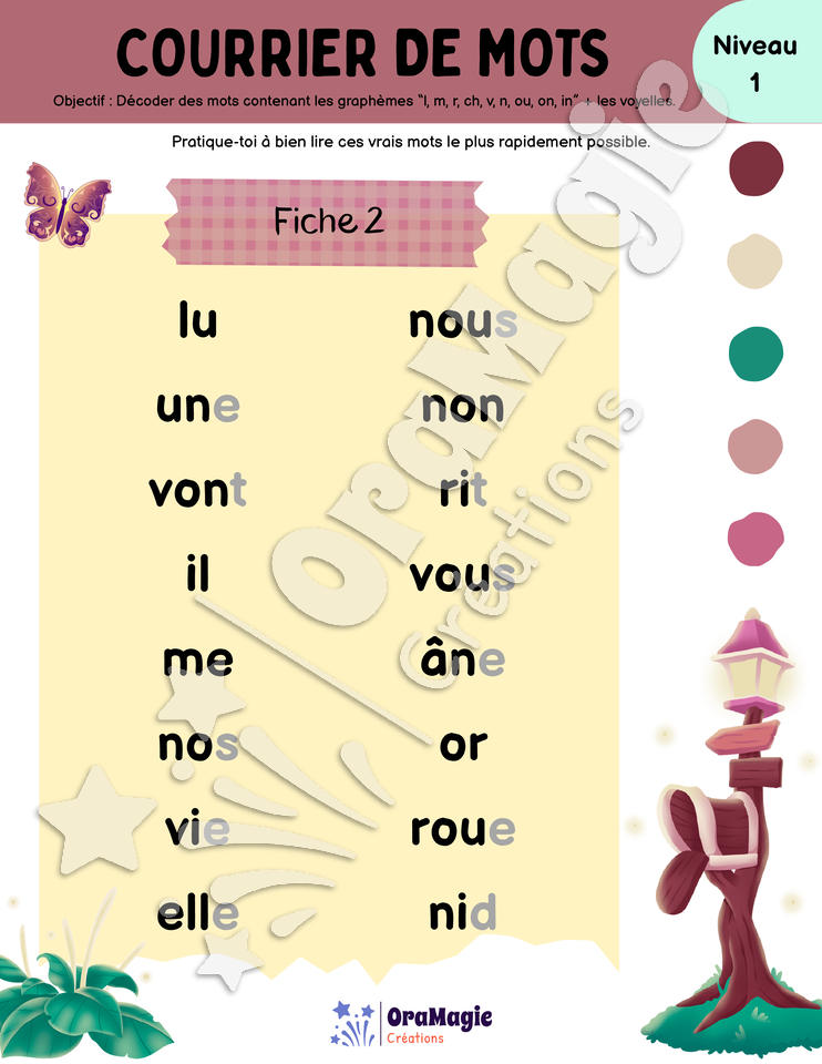 Courrier de mots - Décodage de vrais mots contenant l, m, r, ch, v, n, ou, on, in + voyelles