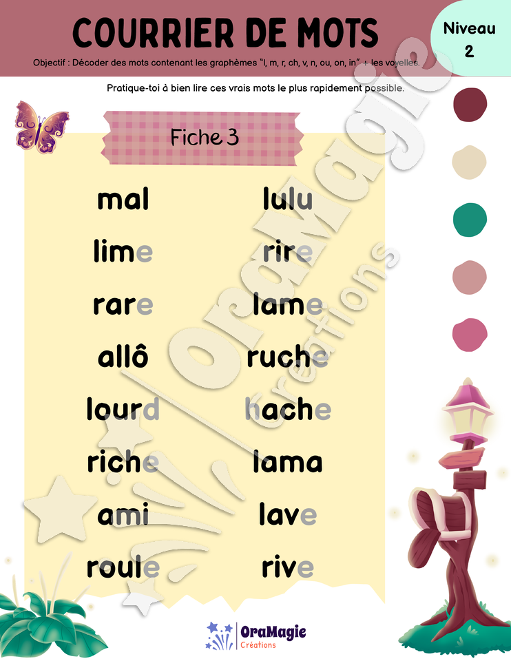 Courrier de mots - Décodage de vrais mots contenant l, m, r, ch, v, n, ou, on, in + voyelles