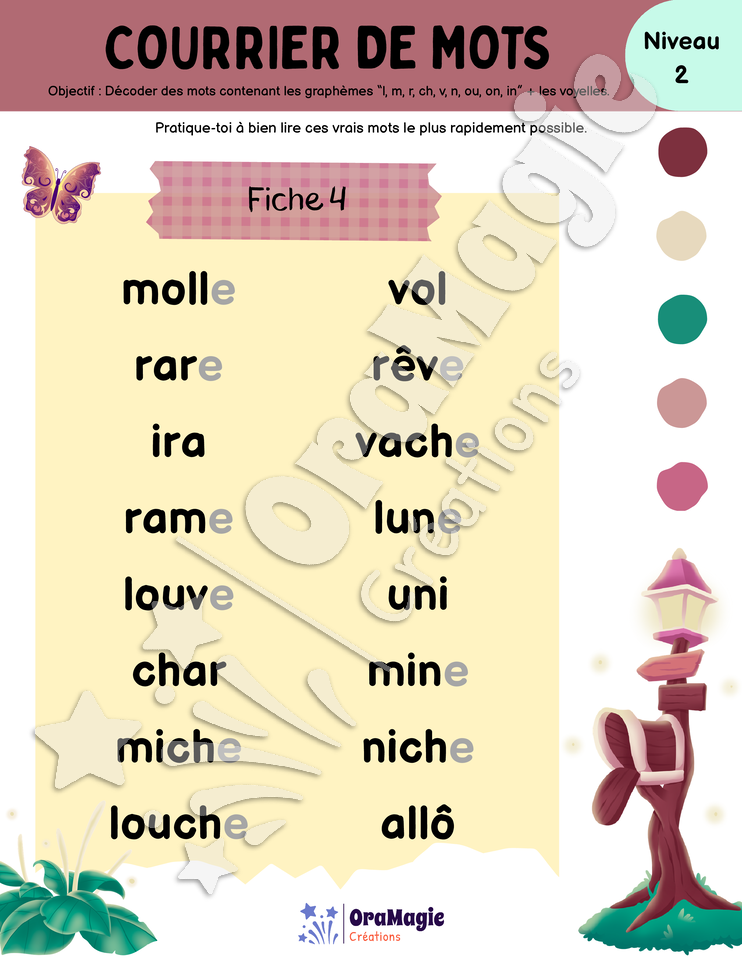 Courrier de mots - Décodage de vrais mots contenant l, m, r, ch, v, n, ou, on, in + voyelles