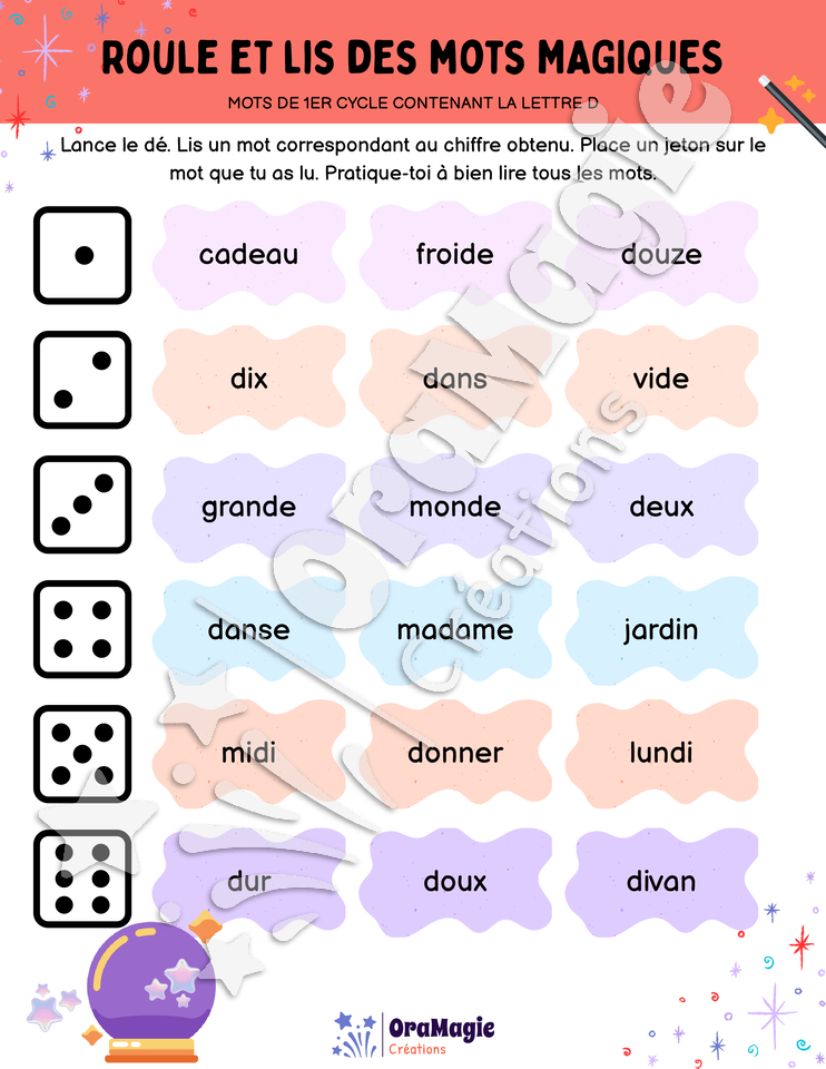 Roule et lis des mots magiques - Mots de 1er cycle contenant la lettre D