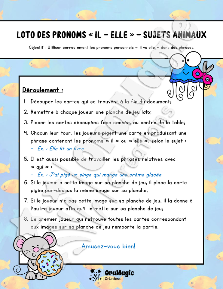 Loto des pronoms -il-elle- Sujets animaux