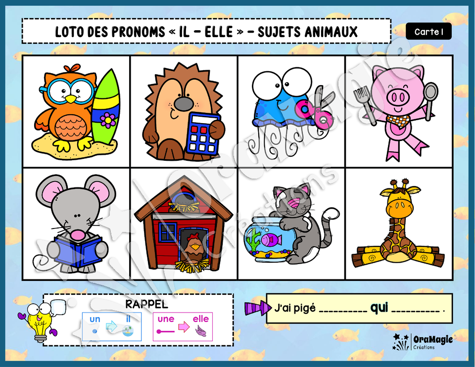 Loto des pronoms -il-elle- Sujets animaux